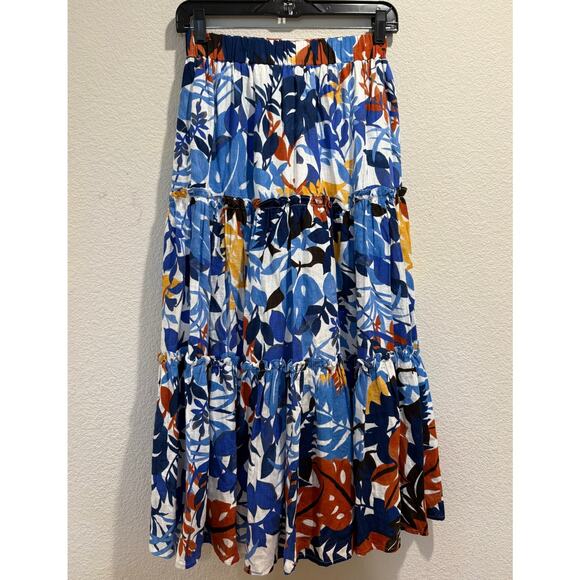 O.P.T NWT Blue Multicolor Floral Linen Blend Tiered Midi Dress Size XS - Picture 1 of 6